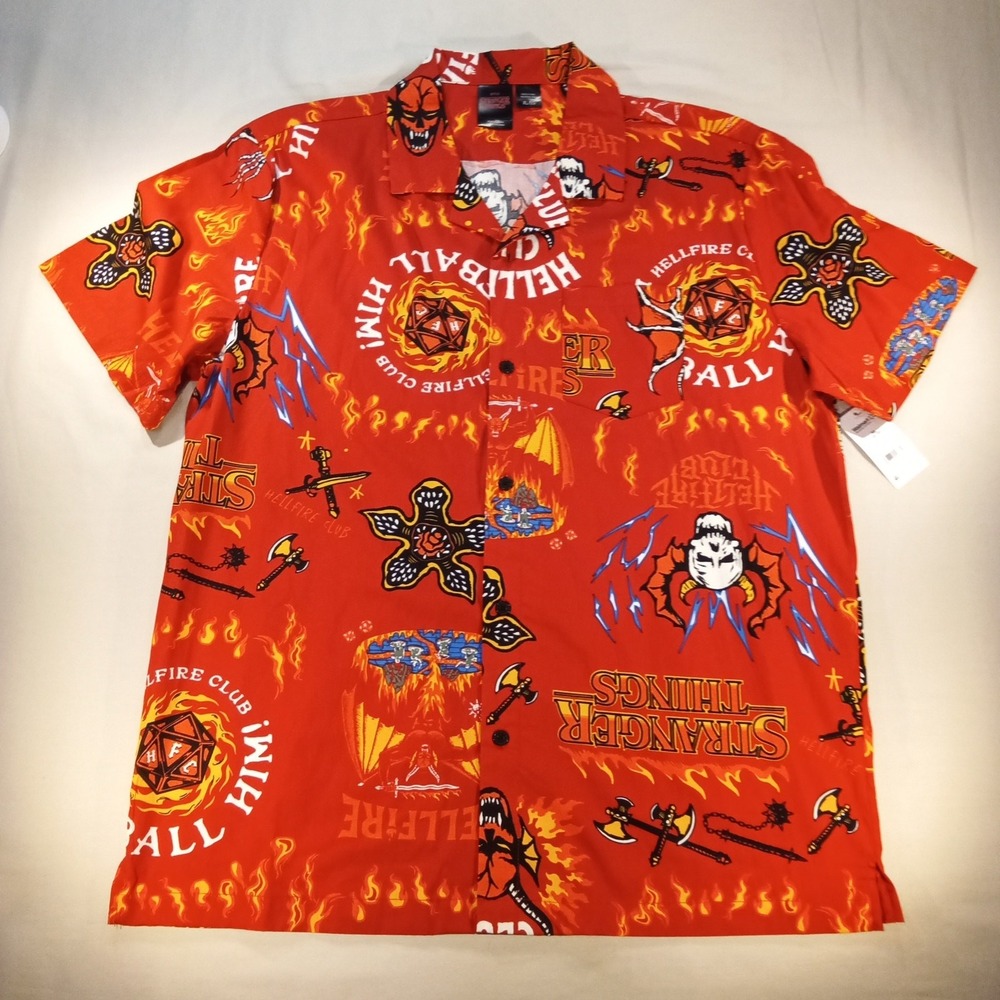 Stranger Things Hellfire Club Button Up Shirt Red Flames Graphic Men's XL NWT